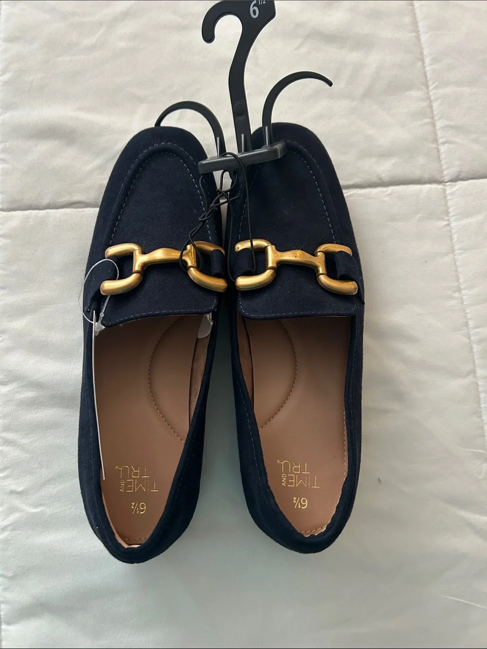 Time and Tru Black Suede Loafers with Gold Buckle Accent